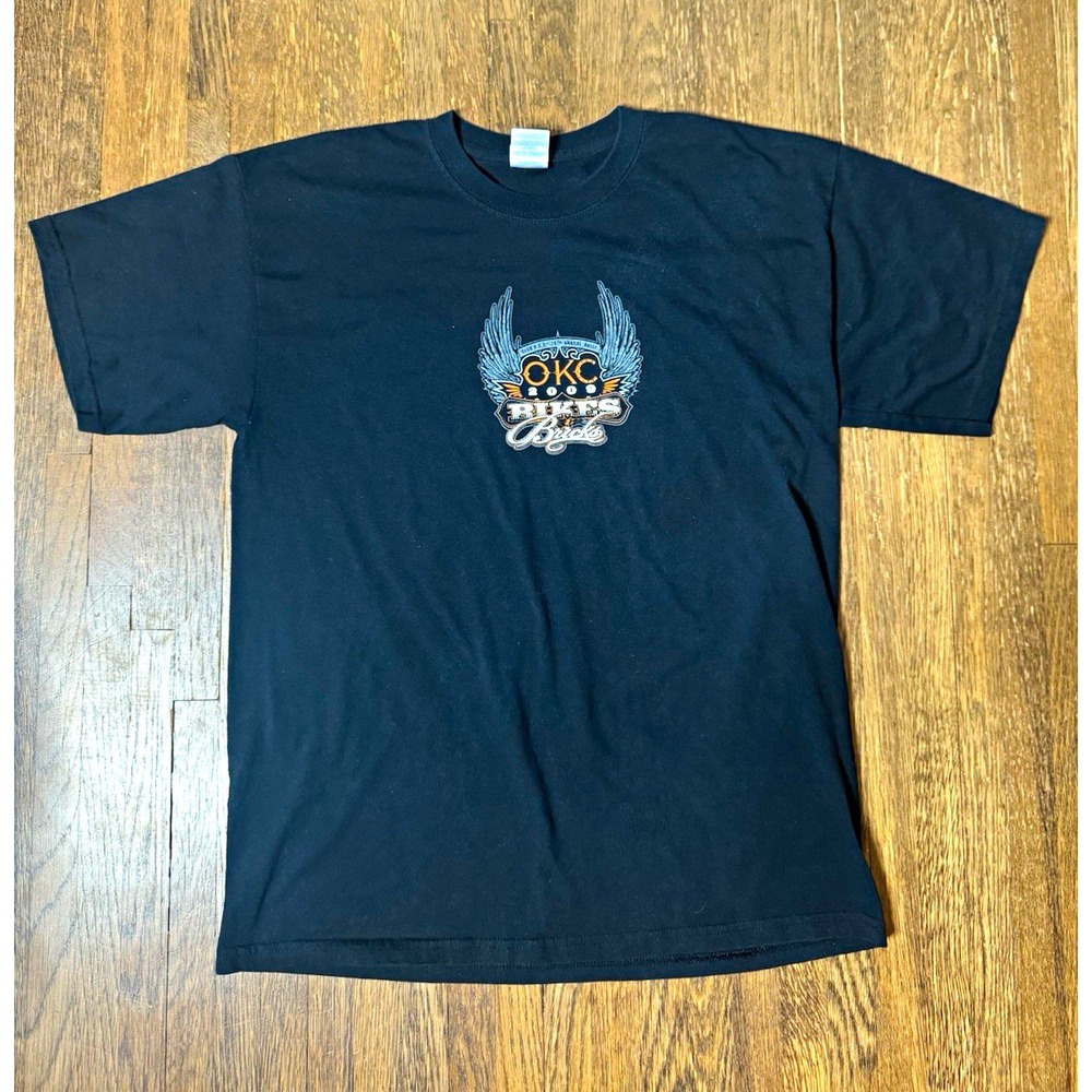 Vintage 2009 OKC Biker & Bricks Street Party Biker T-Shirt Large Black Skull